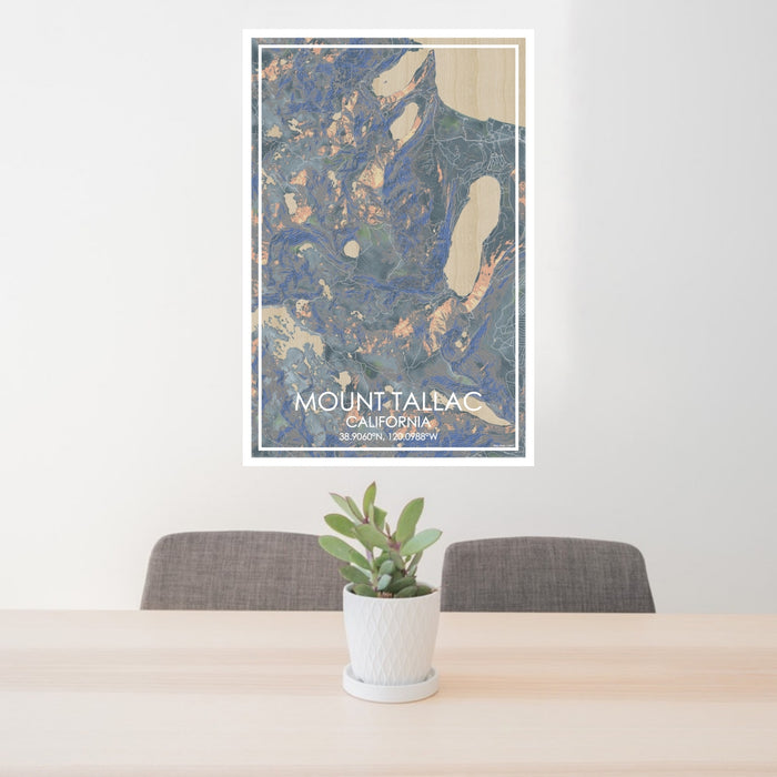 24x36 Mount Tallac California Map Print Portrait Orientation in Afternoon Style Behind 2 Chairs Table and Potted Plant