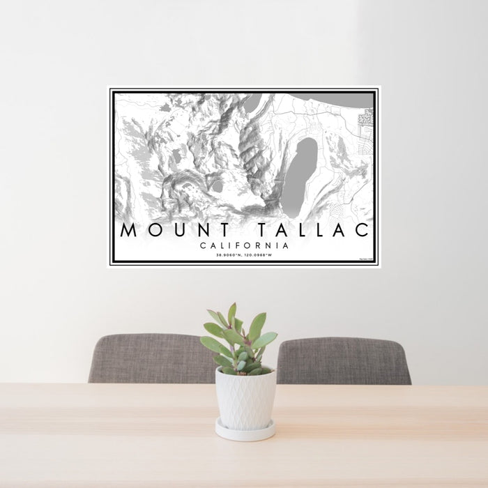 24x36 Mount Tallac California Map Print Lanscape Orientation in Classic Style Behind 2 Chairs Table and Potted Plant