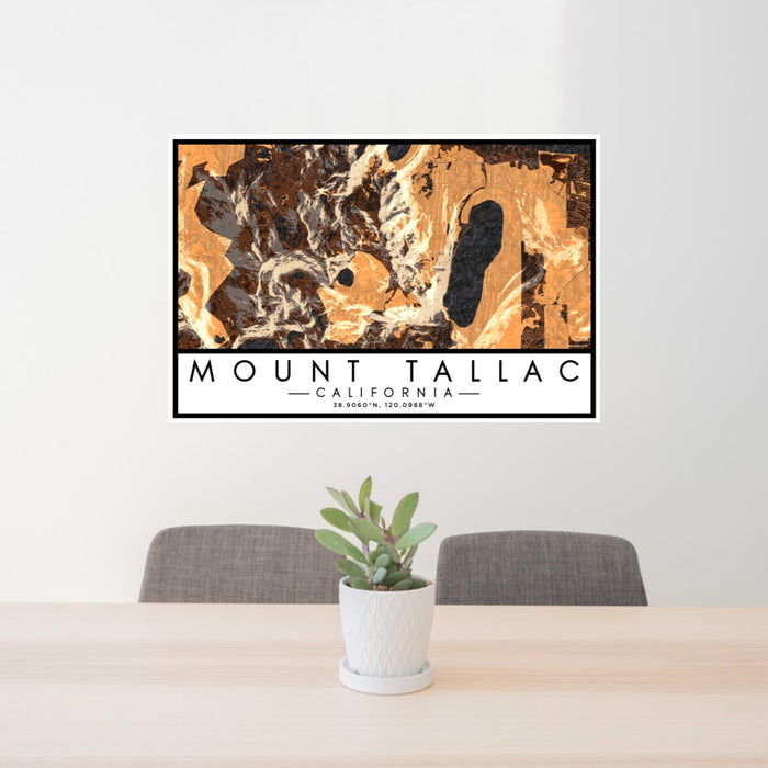 24x36 Mount Tallac California Map Print Lanscape Orientation in Ember Style Behind 2 Chairs Table and Potted Plant