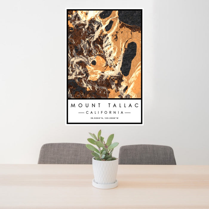 24x36 Mount Tallac California Map Print Portrait Orientation in Ember Style Behind 2 Chairs Table and Potted Plant