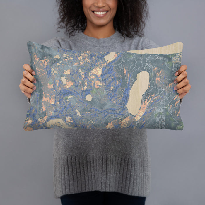 Person holding 20x12 Custom Mount Tallac California Map Throw Pillow in Afternoon