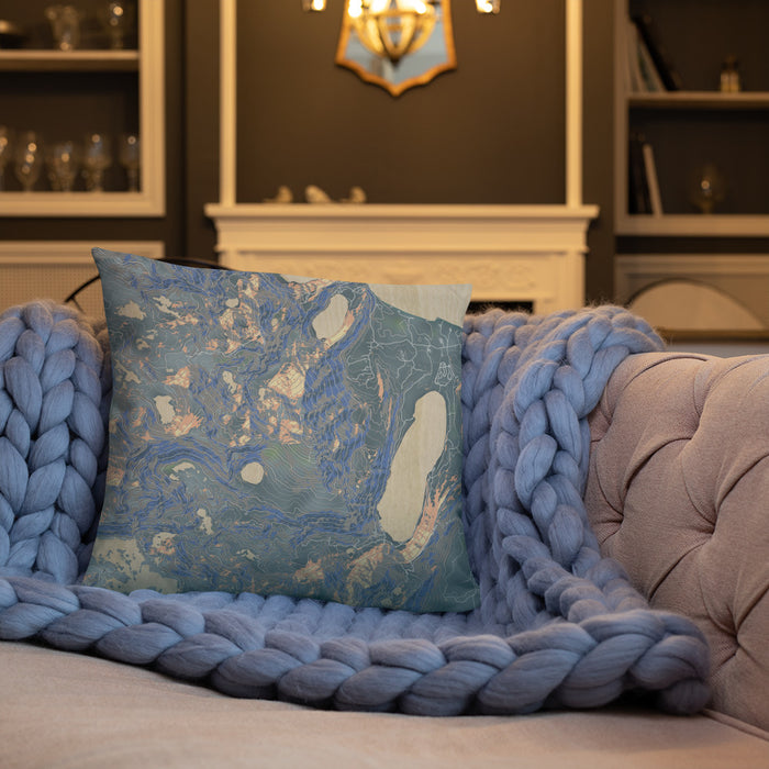 Custom Mount Tallac California Map Throw Pillow in Afternoon on Cream Colored Couch