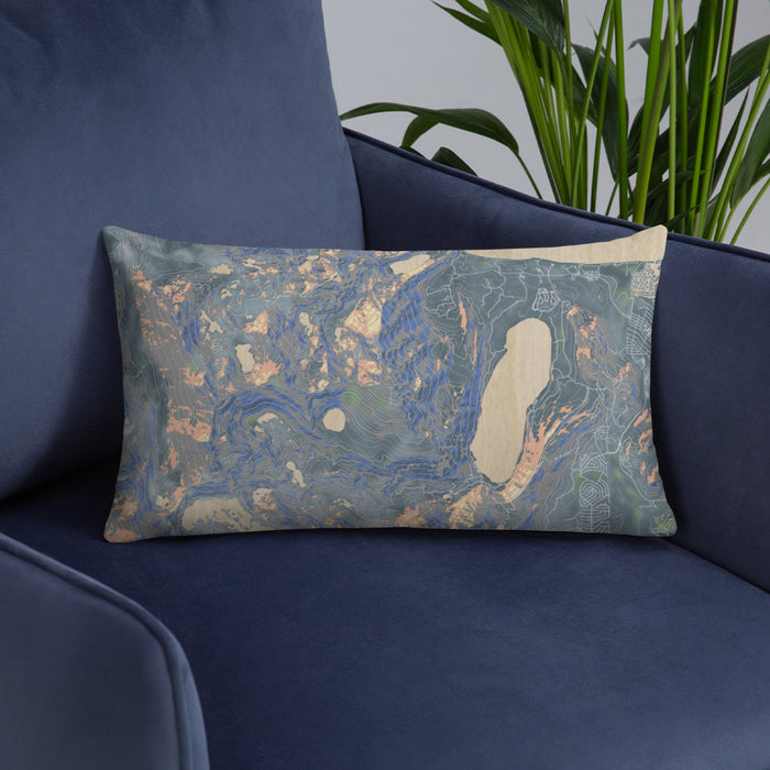 Custom Mount Tallac California Map Throw Pillow in Afternoon on Blue Colored Chair