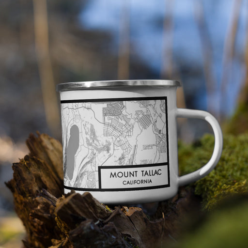 Right View Custom Mount Tallac California Map Enamel Mug in Classic on Grass With Trees in Background