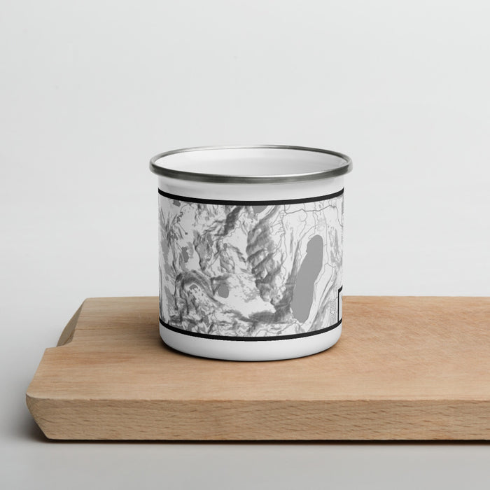 Front View Custom Mount Tallac California Map Enamel Mug in Classic on Cutting Board