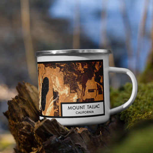 Right View Custom Mount Tallac California Map Enamel Mug in Ember on Grass With Trees in Background