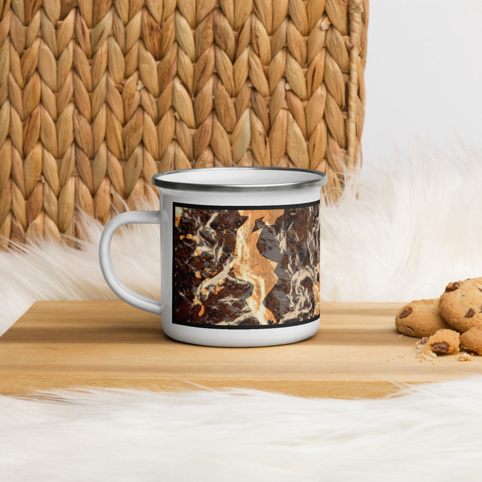 Left View Custom Mount Tallac California Map Enamel Mug in Ember on Table Top
