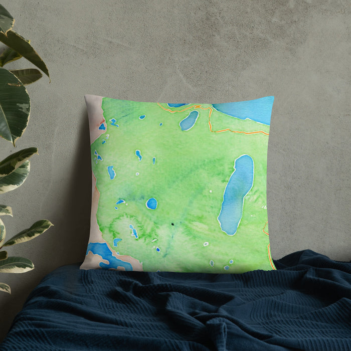 Custom Mount Tallac California Map Throw Pillow in Watercolor on Bedding Against Wall