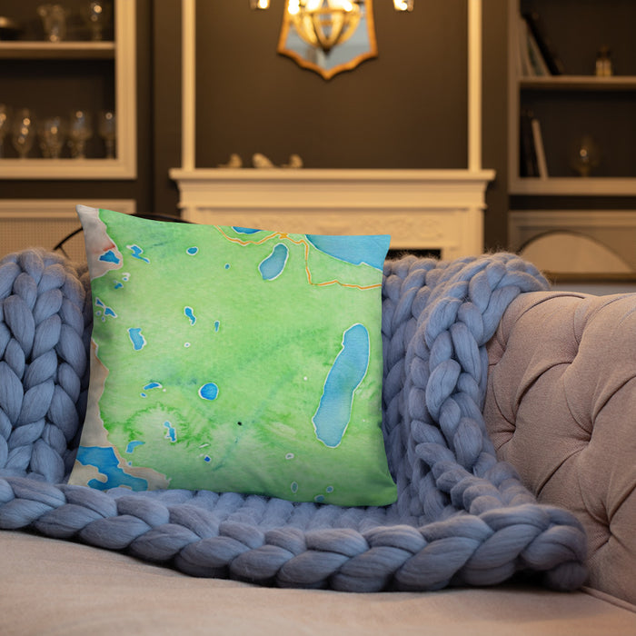 Custom Mount Tallac California Map Throw Pillow in Watercolor on Cream Colored Couch