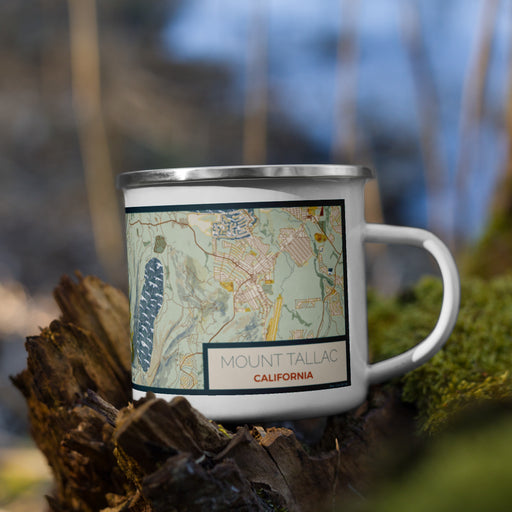 Right View Custom Mount Tallac California Map Enamel Mug in Woodblock on Grass With Trees in Background