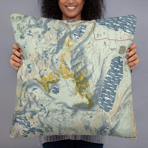 Person holding 22x22 Custom Mount Tallac California Map Throw Pillow in Woodblock