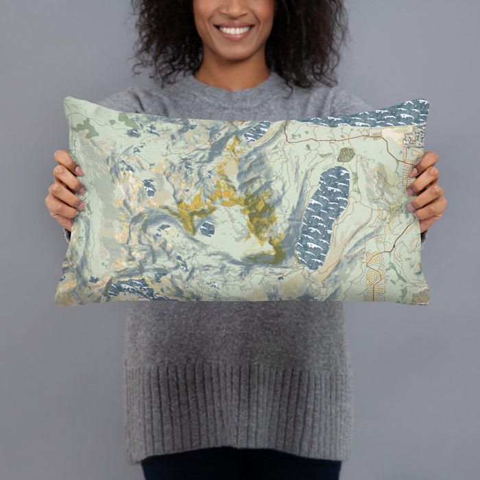 Person holding 20x12 Custom Mount Tallac California Map Throw Pillow in Woodblock