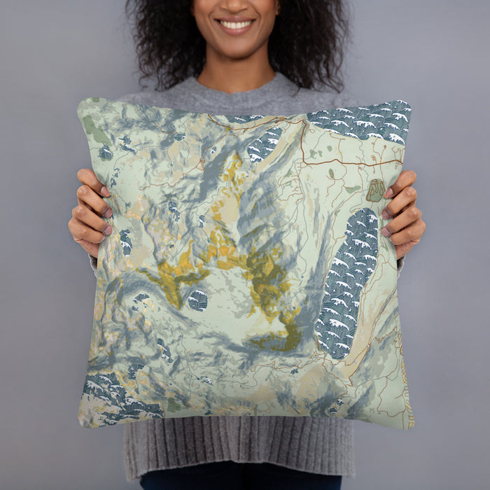 Person holding 18x18 Custom Mount Tallac California Map Throw Pillow in Woodblock