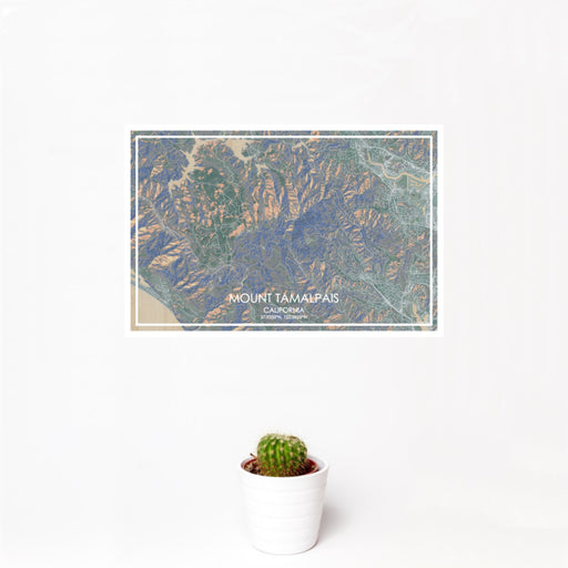 12x18 Mount Tamalpais California Map Print Landscape Orientation in Afternoon Style With Small Cactus Plant in White Planter