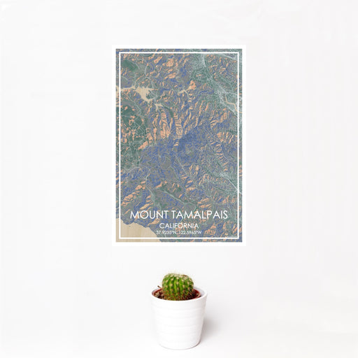 12x18 Mount Tamalpais California Map Print Portrait Orientation in Afternoon Style With Small Cactus Plant in White Planter