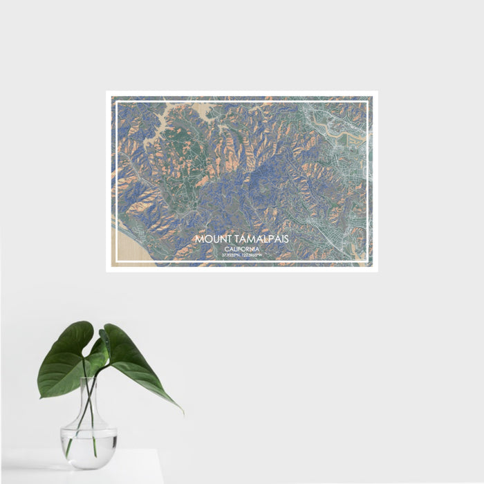 16x24 Mount Tamalpais California Map Print Landscape Orientation in Afternoon Style With Tropical Plant Leaves in Water