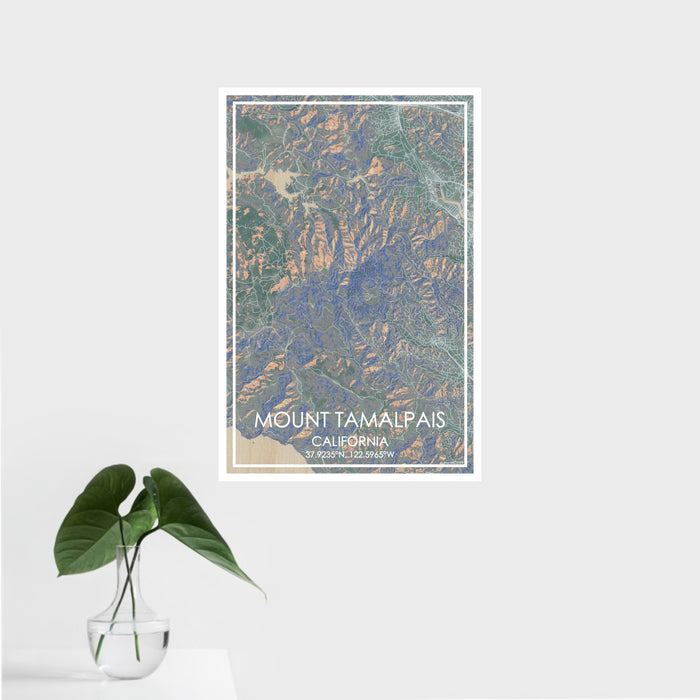 16x24 Mount Tamalpais California Map Print Portrait Orientation in Afternoon Style With Tropical Plant Leaves in Water