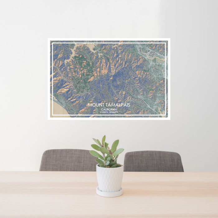 24x36 Mount Tamalpais California Map Print Lanscape Orientation in Afternoon Style Behind 2 Chairs Table and Potted Plant