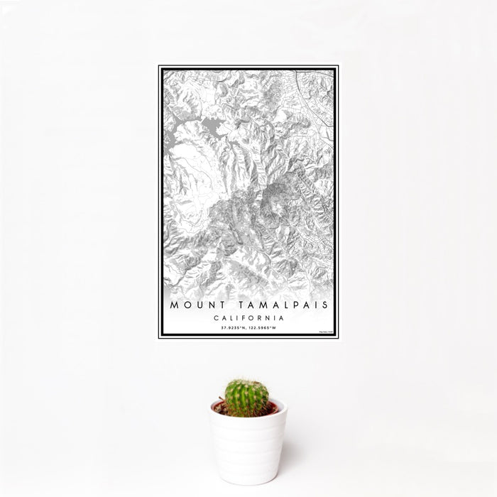 12x18 Mount Tamalpais California Map Print Portrait Orientation in Classic Style With Small Cactus Plant in White Planter