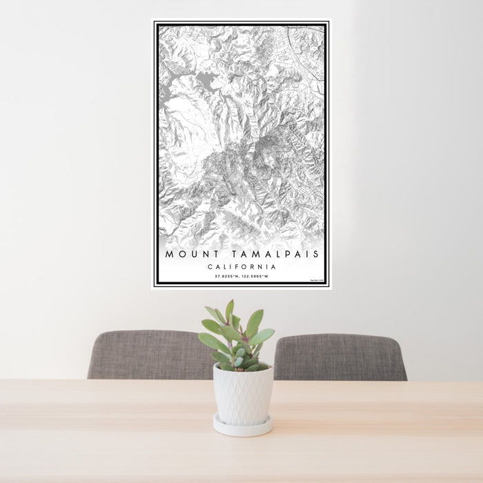 24x36 Mount Tamalpais California Map Print Portrait Orientation in Classic Style Behind 2 Chairs Table and Potted Plant