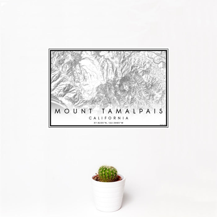 12x18 Mount Tamalpais California Map Print Landscape Orientation in Classic Style With Small Cactus Plant in White Planter