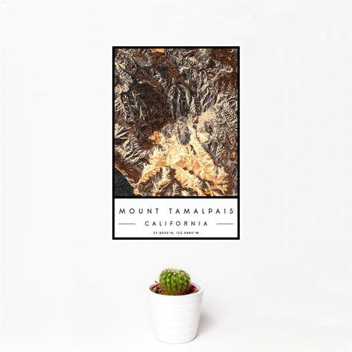 12x18 Mount Tamalpais California Map Print Portrait Orientation in Ember Style With Small Cactus Plant in White Planter