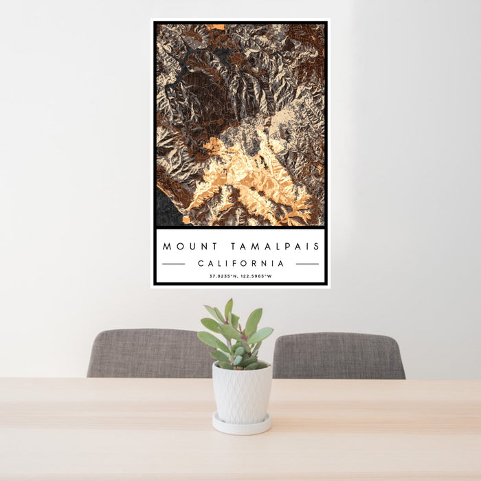 24x36 Mount Tamalpais California Map Print Portrait Orientation in Ember Style Behind 2 Chairs Table and Potted Plant