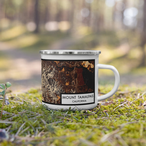 Right View Custom Mount Tamalpais California Map Enamel Mug in Ember on Grass With Trees in Background