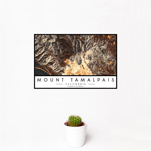 12x18 Mount Tamalpais California Map Print Landscape Orientation in Ember Style With Small Cactus Plant in White Planter