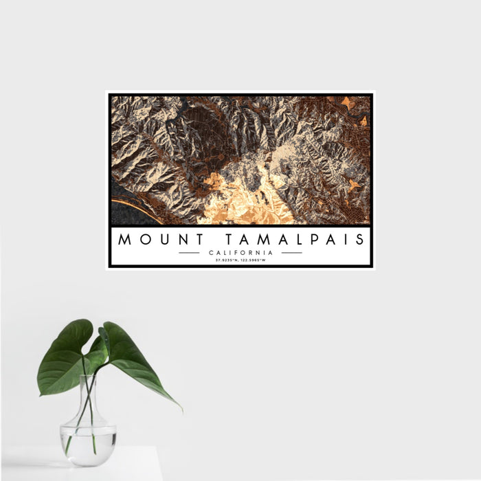 16x24 Mount Tamalpais California Map Print Landscape Orientation in Ember Style With Tropical Plant Leaves in Water