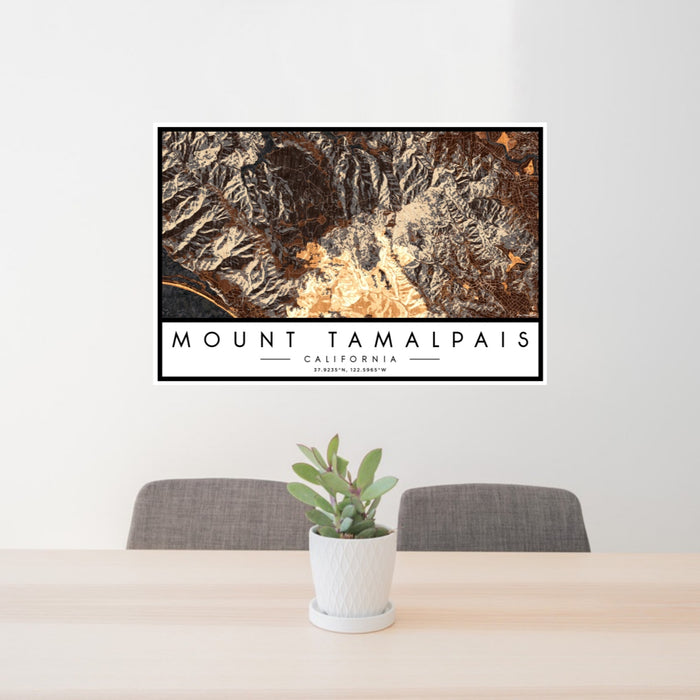 24x36 Mount Tamalpais California Map Print Landscape Orientation in Ember Style Behind 2 Chairs Table and Potted Plant