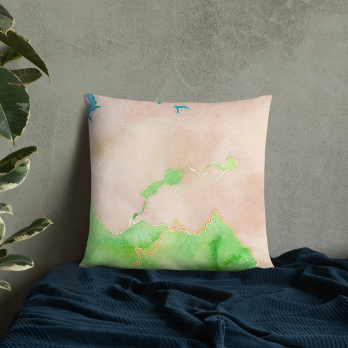 Custom Mount Tamalpais California Map Throw Pillow in Watercolor on Bedding Against Wall
