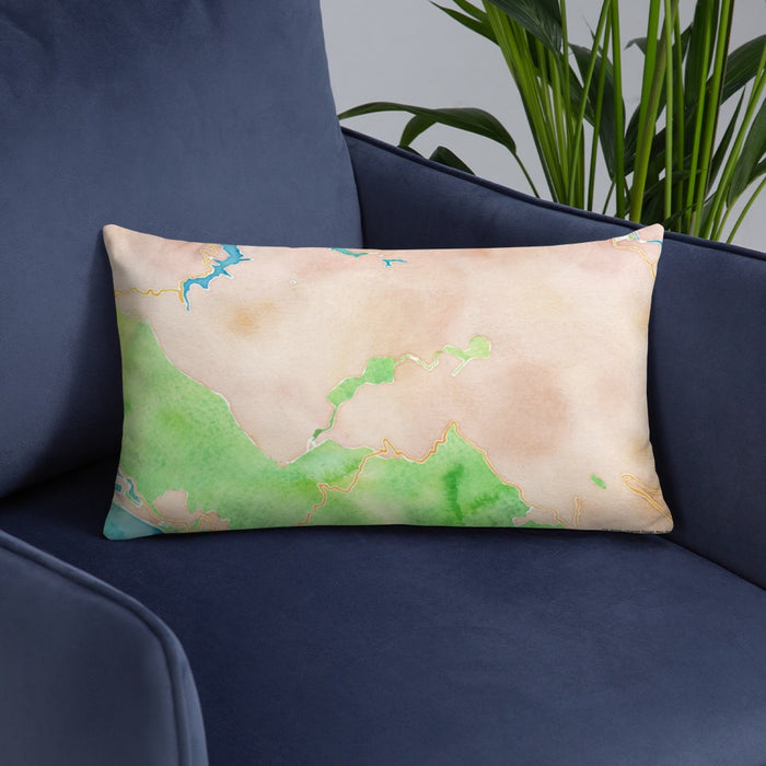 Custom Mount Tamalpais California Map Throw Pillow in Watercolor on Blue Colored Chair