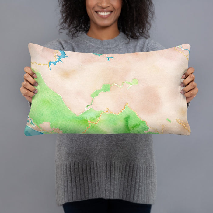 Person holding 20x12 Custom Mount Tamalpais California Map Throw Pillow in Watercolor