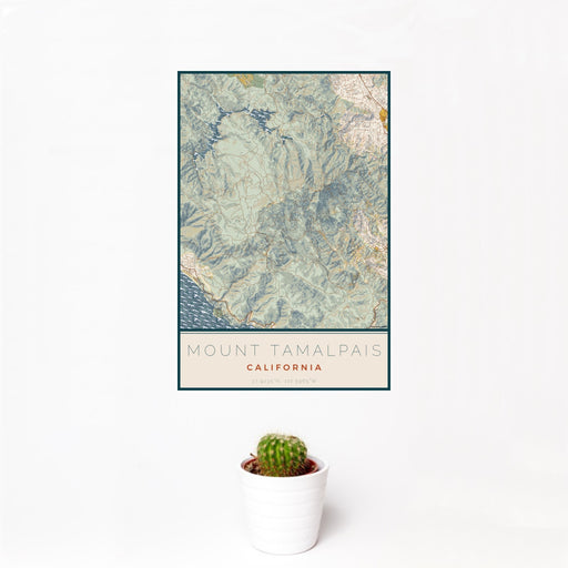 12x18 Mount Tamalpais California Map Print Portrait Orientation in Woodblock Style With Small Cactus Plant in White Planter