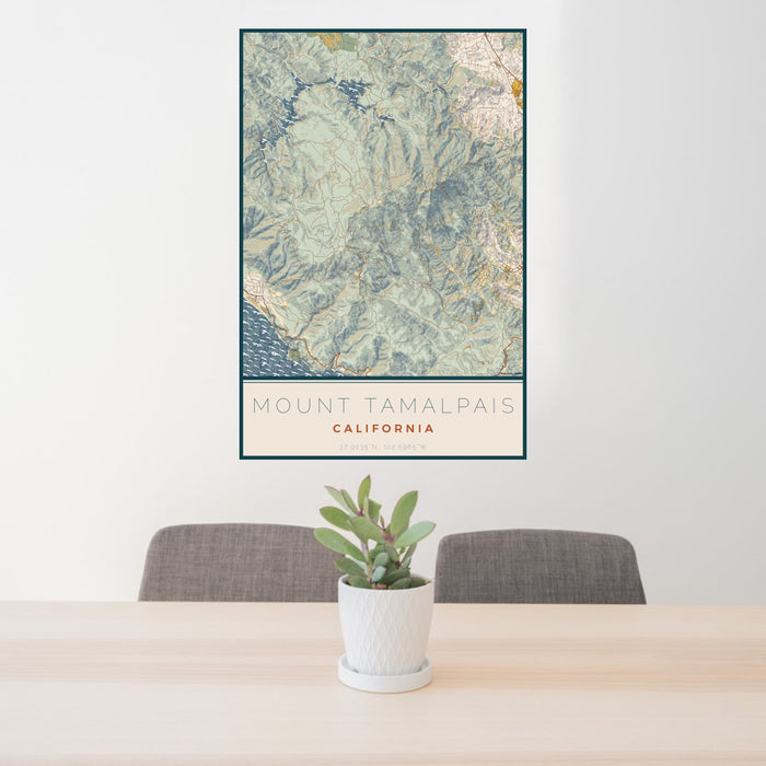24x36 Mount Tamalpais California Map Print Portrait Orientation in Woodblock Style Behind 2 Chairs Table and Potted Plant