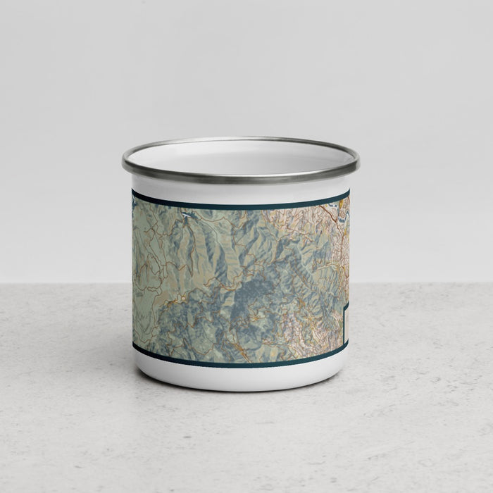 Front View Custom Mount Tamalpais California Map Enamel Mug in Woodblock