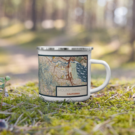 Right View Custom Mount Tamalpais California Map Enamel Mug in Woodblock on Grass With Trees in Background