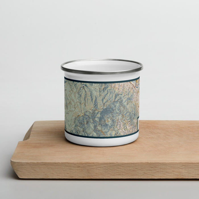 Front View Custom Mount Tamalpais California Map Enamel Mug in Woodblock on Cutting Board