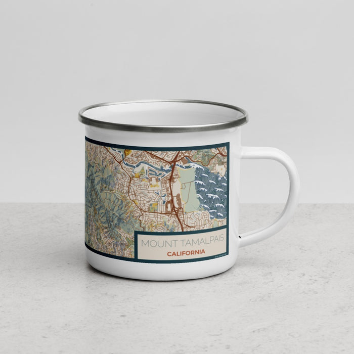 Right View Custom Mount Tamalpais California Map Enamel Mug in Woodblock
