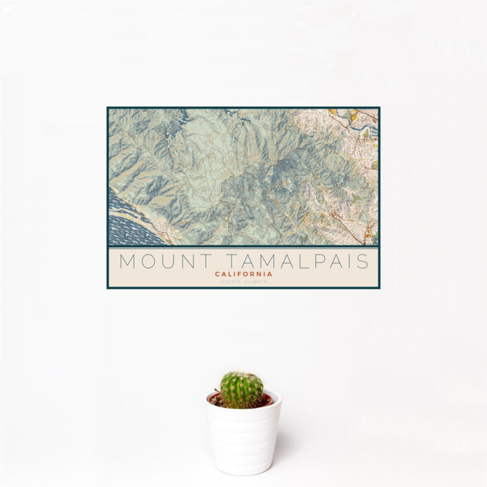 12x18 Mount Tamalpais California Map Print Landscape Orientation in Woodblock Style With Small Cactus Plant in White Planter