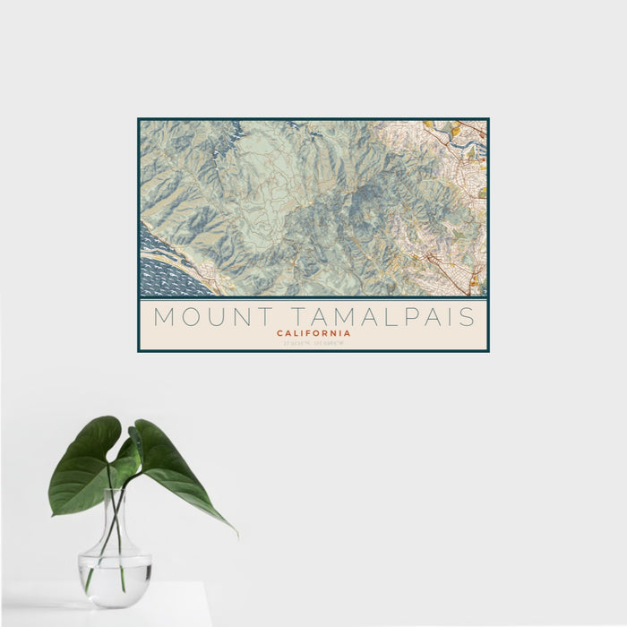 16x24 Mount Tamalpais California Map Print Landscape Orientation in Woodblock Style With Tropical Plant Leaves in Water