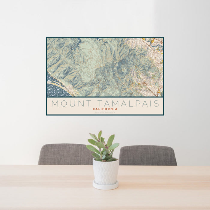 24x36 Mount Tamalpais California Map Print Landscape Orientation in Woodblock Style Behind 2 Chairs Table and Potted Plant