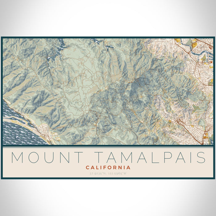 Mount Tamalpais California Map Print Landscape Orientation in Woodblock Style With Shaded Background