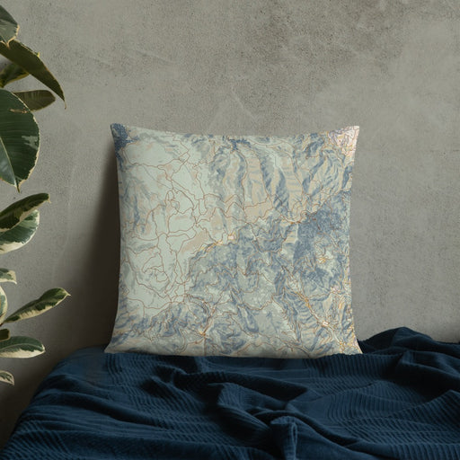 Custom Mount Tamalpais California Map Throw Pillow in Woodblock on Bedding Against Wall