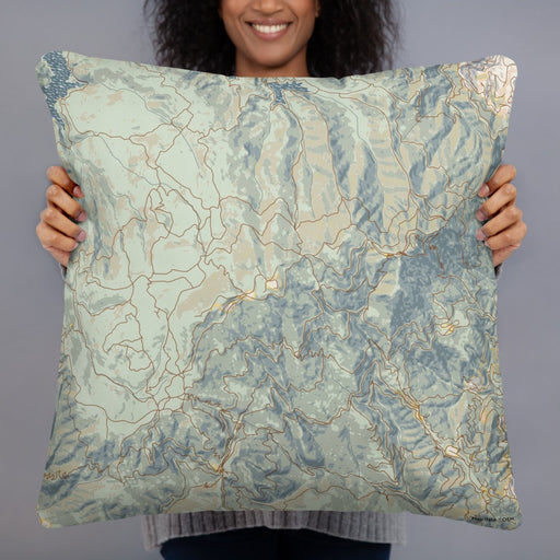 Person holding 22x22 Custom Mount Tamalpais California Map Throw Pillow in Woodblock