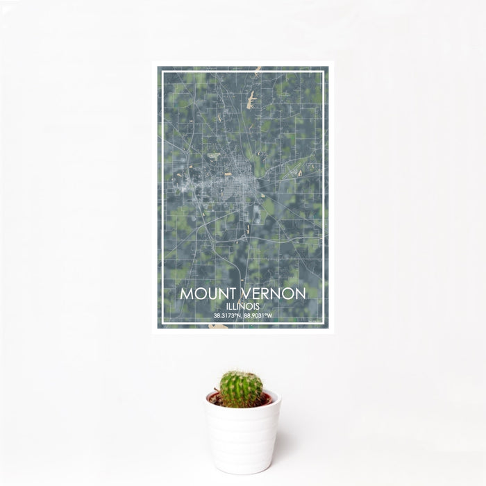 12x18 Mount Vernon Illinois Map Print Portrait Orientation in Afternoon Style With Small Cactus Plant in White Planter