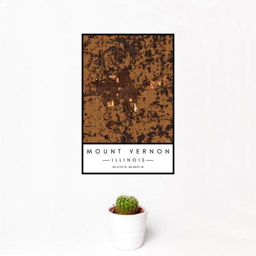 12x18 Mount Vernon Illinois Map Print Portrait Orientation in Ember Style With Small Cactus Plant in White Planter