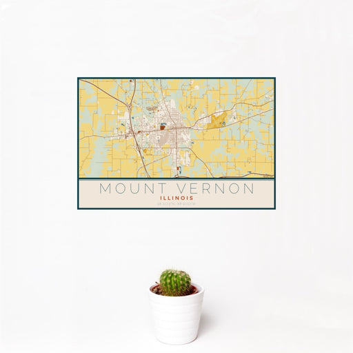 12x18 Mount Vernon Illinois Map Print Landscape Orientation in Woodblock Style With Small Cactus Plant in White Planter