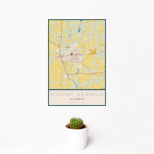 12x18 Mount Vernon Illinois Map Print Portrait Orientation in Woodblock Style With Small Cactus Plant in White Planter